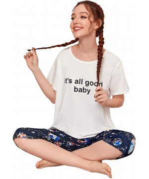 Sets Women's Cartoon Letter and Fries Short Sleeve Tee and Pants Pajama Sets - White Galaxy - CA198KGYQ96