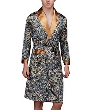 Robes Mens Bathrobe Satin Print Robe Spa Long Sleeve House Kimono Sleepwear Loungewear - D Navy - CC18ADL62ED