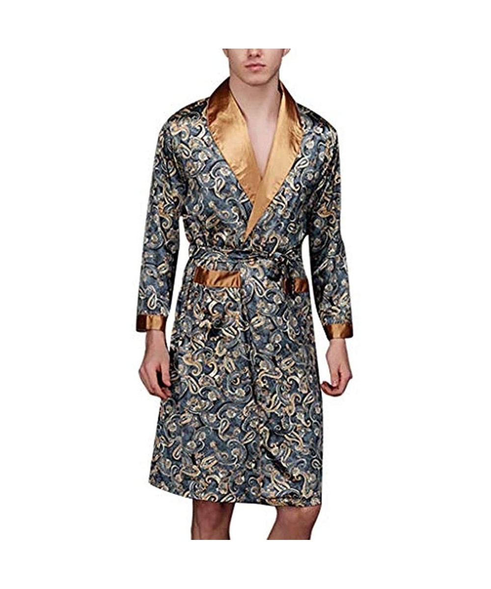 Robes Mens Bathrobe Satin Print Robe Spa Long Sleeve House Kimono Sleepwear Loungewear - D Navy - CC18ADL62ED