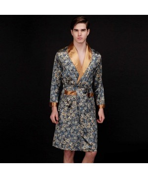 Robes Mens Bathrobe Satin Print Robe Spa Long Sleeve House Kimono Sleepwear Loungewear - D Navy - CC18ADL62ED