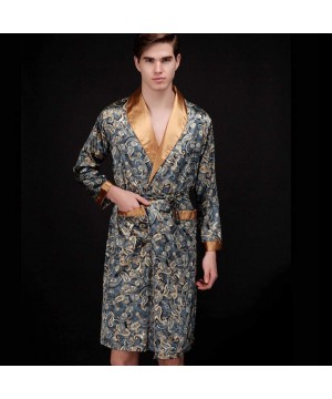 Robes Mens Bathrobe Satin Print Robe Spa Long Sleeve House Kimono Sleepwear Loungewear - D Navy - CC18ADL62ED