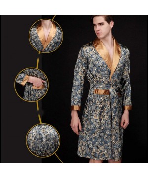 Robes Mens Bathrobe Satin Print Robe Spa Long Sleeve House Kimono Sleepwear Loungewear - D Navy - CC18ADL62ED