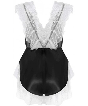 Garters & Garter Belts Women V-Neck Eyelash Lace Sexy Stain Camisole Pajamas Piece Pajamas - Black - CI19COXXHMU