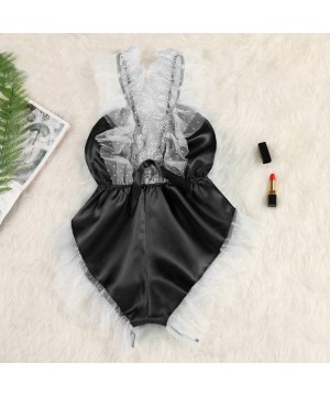 Garters & Garter Belts Women V-Neck Eyelash Lace Sexy Stain Camisole Pajamas Piece Pajamas - Black - CI19COXXHMU