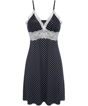 Nightgowns & Sleepshirts Sleepwear Womens Chemise Nightgown Full Slip Lace Lounge Dress - Viscose- Navy Dot - CS12L0H9YRX