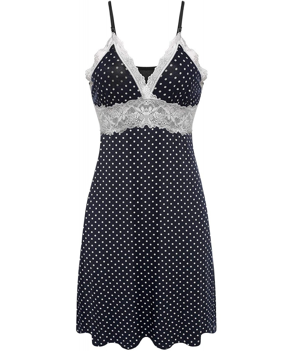 Nightgowns & Sleepshirts Sleepwear Womens Chemise Nightgown Full Slip Lace Lounge Dress - Viscose- Navy Dot - CS12L0H9YRX