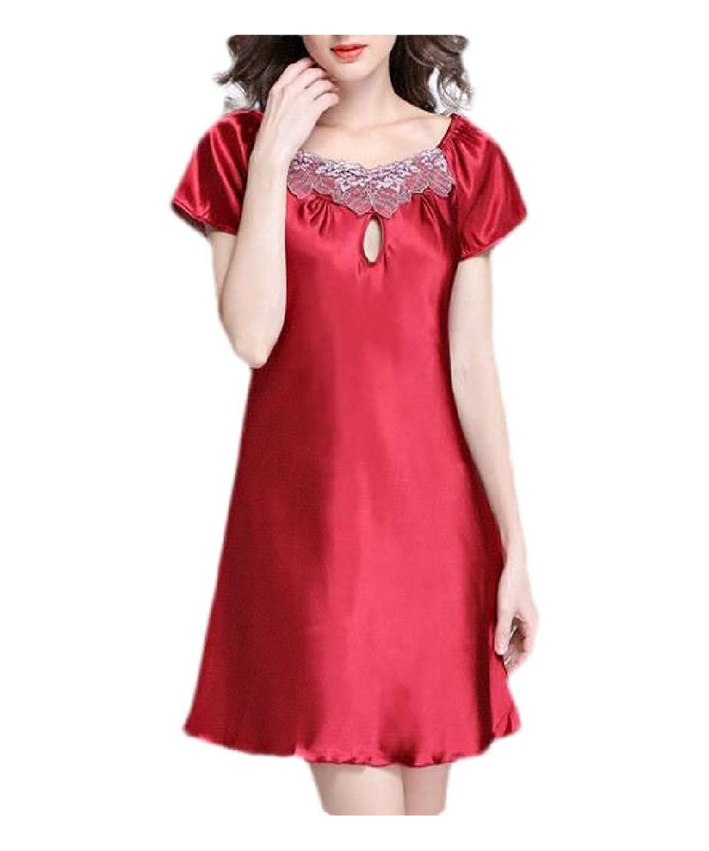 Nightgowns & Sleepshirts Womens Nightwear Short Sleeve Satin Nightgown Sleep Dress Sleepwear - 2 - CN19DDY8464