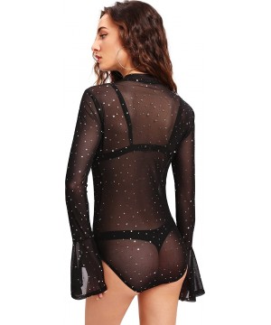 Shapewear Women's Mock Neck Long Bell Sleeve Star Mesh Bodysuit - Black - CX193ORLRSX