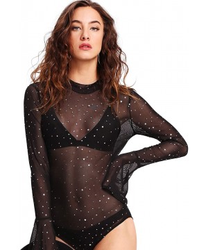 Shapewear Women's Mock Neck Long Bell Sleeve Star Mesh Bodysuit - Black - CX193ORLRSX