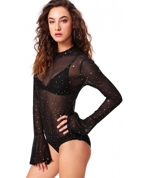 Shapewear Women's Mock Neck Long Bell Sleeve Star Mesh Bodysuit - Black - CX193ORLRSX