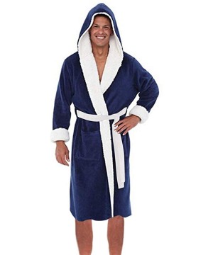 Robes Men's Winter Lengthened Plush Shawl Bathrobe Home Clothes Long Sleeve Robe Coat Bath Robe Bathrobe - C Dark Blue - CY19...