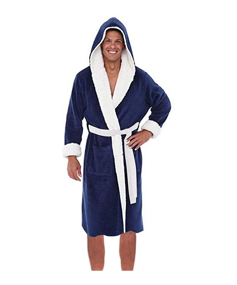 Robes Men's Winter Lengthened Plush Shawl Bathrobe Home Clothes Long Sleeve Robe Coat Bath Robe Bathrobe - C Dark Blue - CY19...