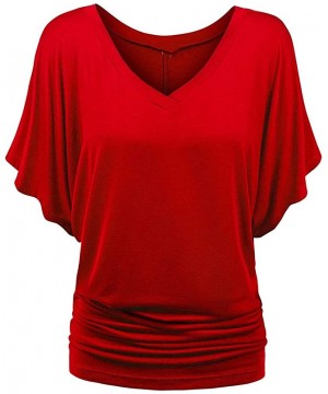 Thermal Underwear Womens Batwing Sleeves T Shirts Short Banded Bottom Loose Fold Hem Top - Red - CR193AOT4Z8