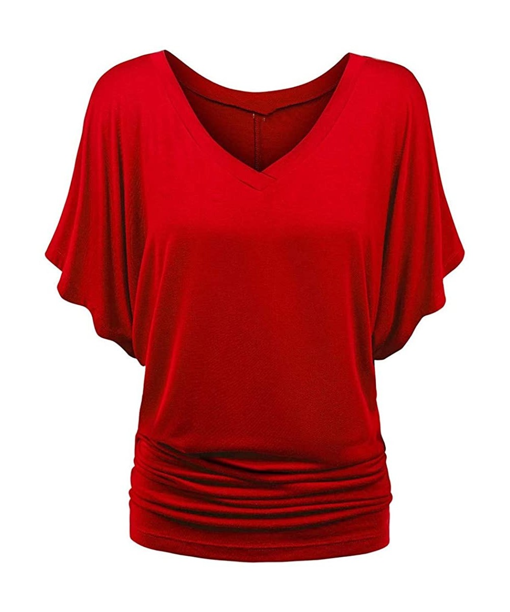 Thermal Underwear Womens Batwing Sleeves T Shirts Short Banded Bottom Loose Fold Hem Top - Red - CR193AOT4Z8