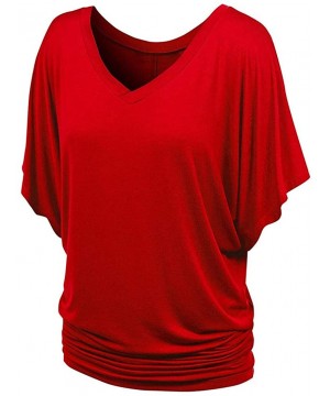 Thermal Underwear Womens Batwing Sleeves T Shirts Short Banded Bottom Loose Fold Hem Top - Red - CR193AOT4Z8