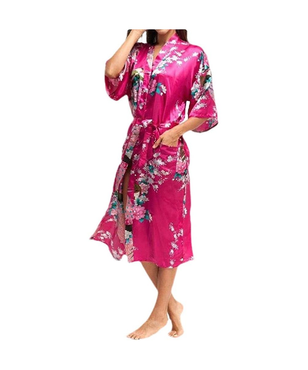 Robes Women's Comfort Floral Printed Soft Plush Charmeuse Belted Bathrobe - Rose Red - CO199SMRWAG