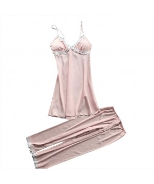 Sets Womens Lingerie Sexy Satin Pajamas Set 2Pcs Nightgown Temptation Chemise Underwear Teddy Sleepwear - Pink - C518QG00ENA