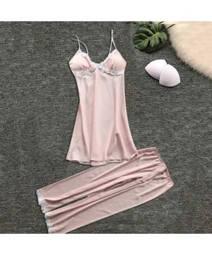 Sets Womens Lingerie Sexy Satin Pajamas Set 2Pcs Nightgown Temptation Chemise Underwear Teddy Sleepwear - Pink - C518QG00ENA