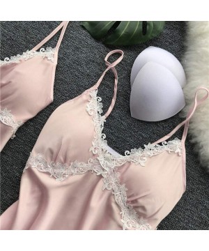 Sets Womens Lingerie Sexy Satin Pajamas Set 2Pcs Nightgown Temptation Chemise Underwear Teddy Sleepwear - Pink - C518QG00ENA