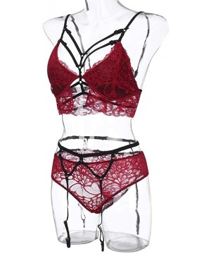 Garters & Garter Belts Women Lingerie Set Lace Teddy Strap Babydoll Bodysuit with Garter Belts - C51945SZKZ2