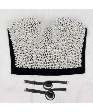 Bustiers & Corsets Sexy Pearls Beaded Rhinestone Bustier Crop Top Push up Corset Top Detachable Straps - CC18KL6UNKN