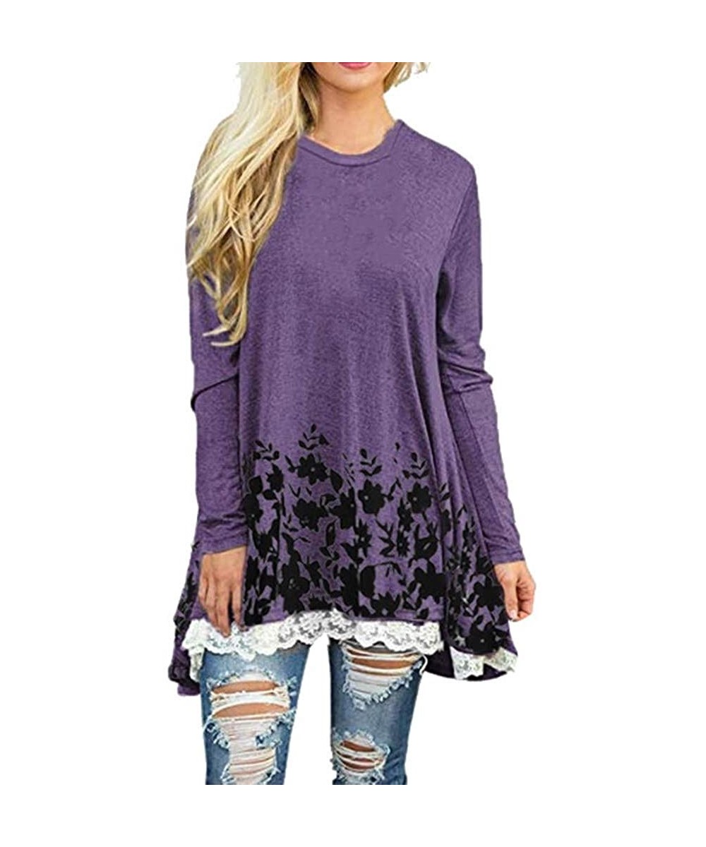 Tops Womens Casual Long O-Neck Sleeve Loose Lace Tops Floral Print Tunic Blouse - Purple - CD18Y9UN54W