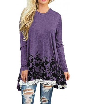 Tops Womens Casual Long O-Neck Sleeve Loose Lace Tops Floral Print Tunic Blouse - Purple - CD18Y9UN54W