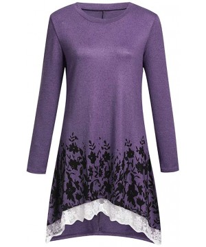 Tops Womens Casual Long O-Neck Sleeve Loose Lace Tops Floral Print Tunic Blouse - Purple - CD18Y9UN54W