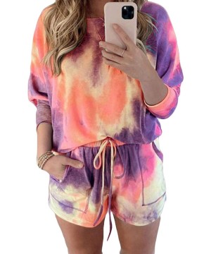 Sets Womens Loungewear Sets Tie Dye Print Long Sleeves Top and Drawstring Shorts Pajamas Set Nightwear Sleepwear Purple - CS1...