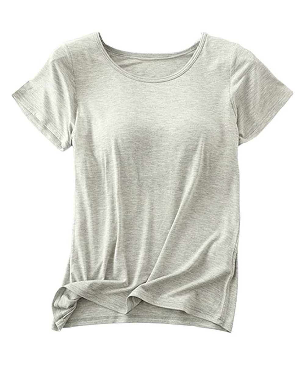 Tops Women's Modal Built-in Bra Padded Active Camisole Short Sleeves Pajama Casual Tops T-Shirt - Grey - C8195N6KRAK