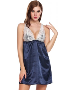 Sets Womens Sexy Nightgowns Satin Sleeveless Sleepwear V-Neck Lace Babydoll Sleep Dress - Navy Blue - CY18ADRRE54