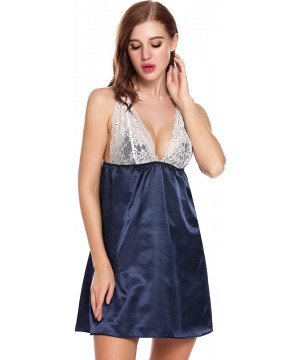 Sets Womens Sexy Nightgowns Satin Sleeveless Sleepwear V-Neck Lace Babydoll Sleep Dress - Navy Blue - CY18ADRRE54