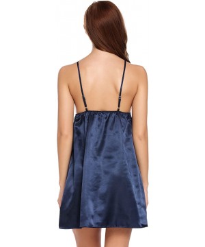 Sets Womens Sexy Nightgowns Satin Sleeveless Sleepwear V-Neck Lace Babydoll Sleep Dress - Navy Blue - CY18ADRRE54