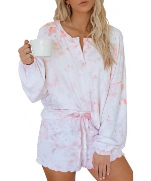 Sets Womens 2 Pieces Tie-Dye Print Pajamas Set Nightwear Long Sleeve Top and Ruffled Shorts Sleepwear Loungewear - B-pink+whi...