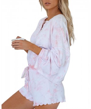 Sets Womens 2 Pieces Tie-Dye Print Pajamas Set Nightwear Long Sleeve Top and Ruffled Shorts Sleepwear Loungewear - B-pink+whi...