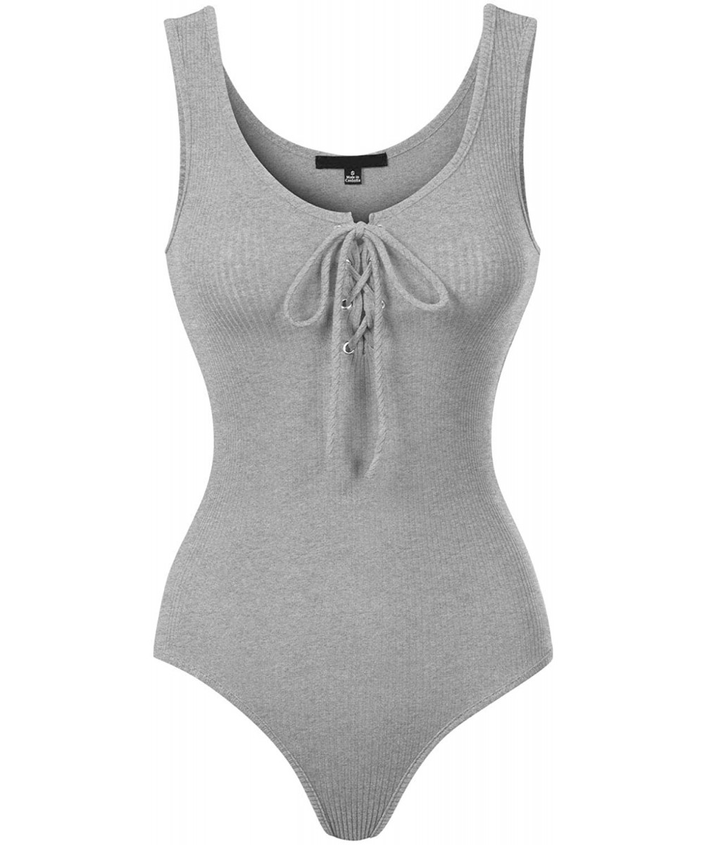 Shapewear Women's Sleeveless Lace Up Rib Knit Sexy Leotard Bodysuit - Heather Grey - CQ190E5OW8S