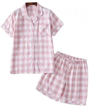 Sets Soft Plaid Pajamas for Women Cotton Button Down Pajama Set 2 Piece Shorts Pants Shirt - A pink - C818T0DDQO3