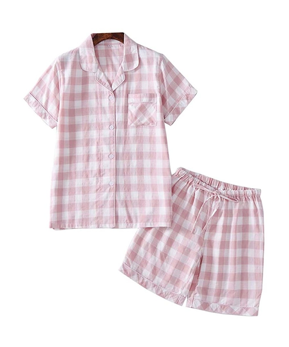 Sets Soft Plaid Pajamas for Women Cotton Button Down Pajama Set 2 Piece Shorts Pants Shirt - A pink - C818T0DDQO3