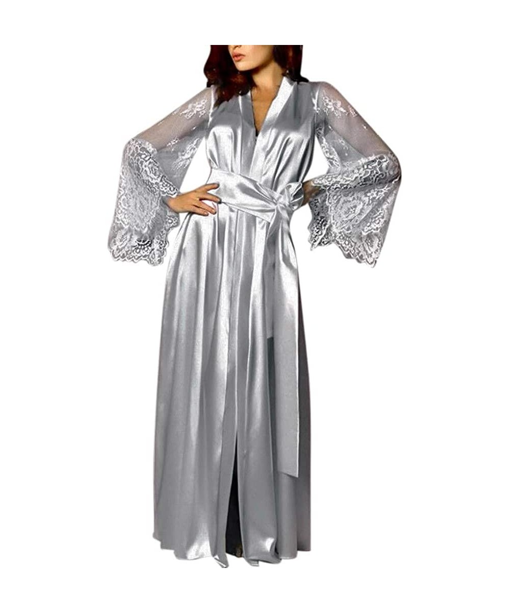 Robes Women Short Silk Kimono Robe Lace Trim Satin Sleepwear Bridesmaids with Briefs - Gray 3 - C318WL4R87N