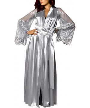 Robes Women Short Silk Kimono Robe Lace Trim Satin Sleepwear Bridesmaids with Briefs - Gray 3 - C318WL4R87N