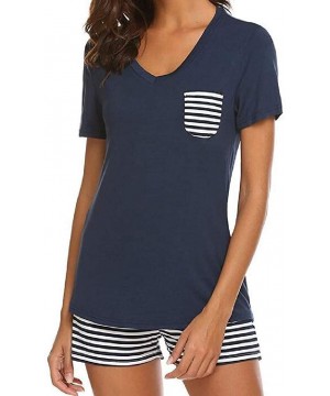 Sets Short Sleeve V Neck Stripe Nightwear Shirt and Shorts Pajama Set - Navy Blue - CV19C64RKAG