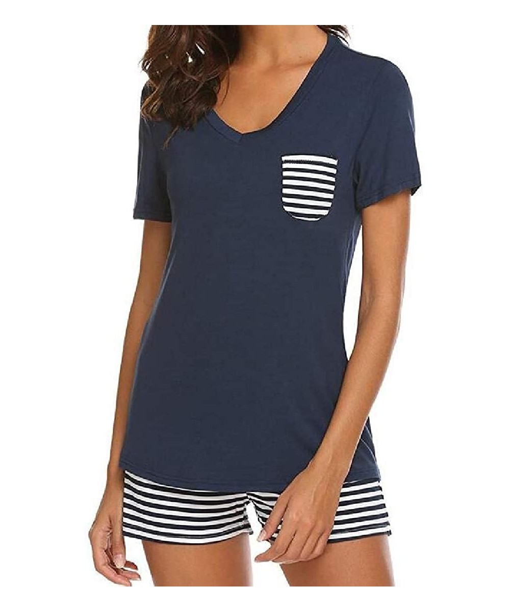 Sets Short Sleeve V Neck Stripe Nightwear Shirt and Shorts Pajama Set - Navy Blue - CV19C64RKAG