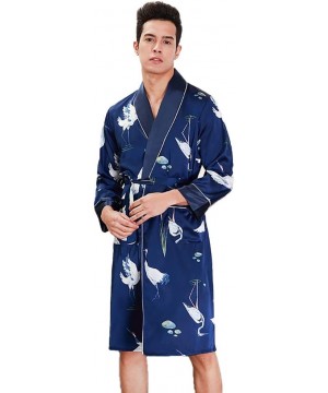 Robes Mens Bathrobe/Long Sleeve Thin Section V-Neck Kimono Pajamas Lightweight Lapel Belt Robes-Navy-XL - Navy - CO193E2CL4W