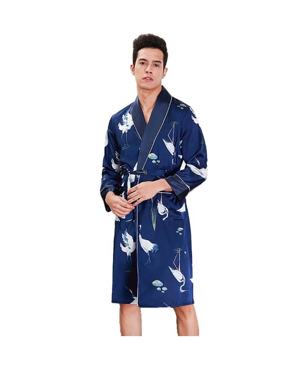 Robes Mens Bathrobe/Long Sleeve Thin Section V-Neck Kimono Pajamas Lightweight Lapel Belt Robes-Navy-XL - Navy - CO193E2CL4W