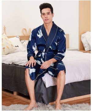 Robes Mens Bathrobe/Long Sleeve Thin Section V-Neck Kimono Pajamas Lightweight Lapel Belt Robes-Navy-XL - Navy - CO193E2CL4W