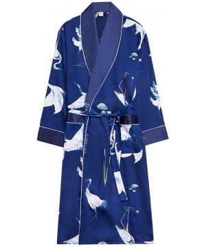 Robes Mens Bathrobe/Long Sleeve Thin Section V-Neck Kimono Pajamas Lightweight Lapel Belt Robes-Navy-XL - Navy - CO193E2CL4W