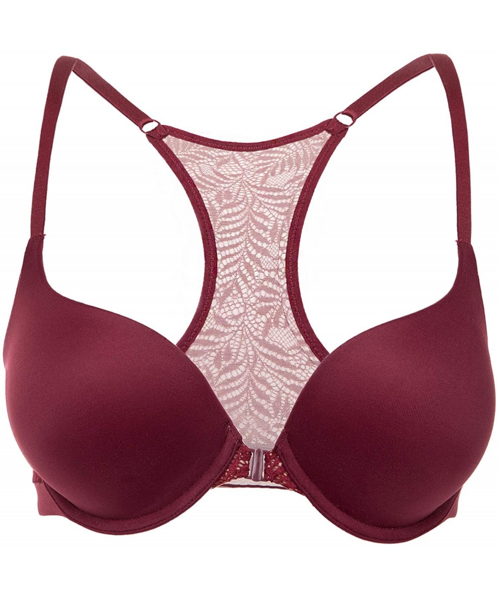 Bras Women's Lace Racerback Push Up Front Closure Bra Tshirt Plunge Underwired - Dark Red - CT18M70Q2SW