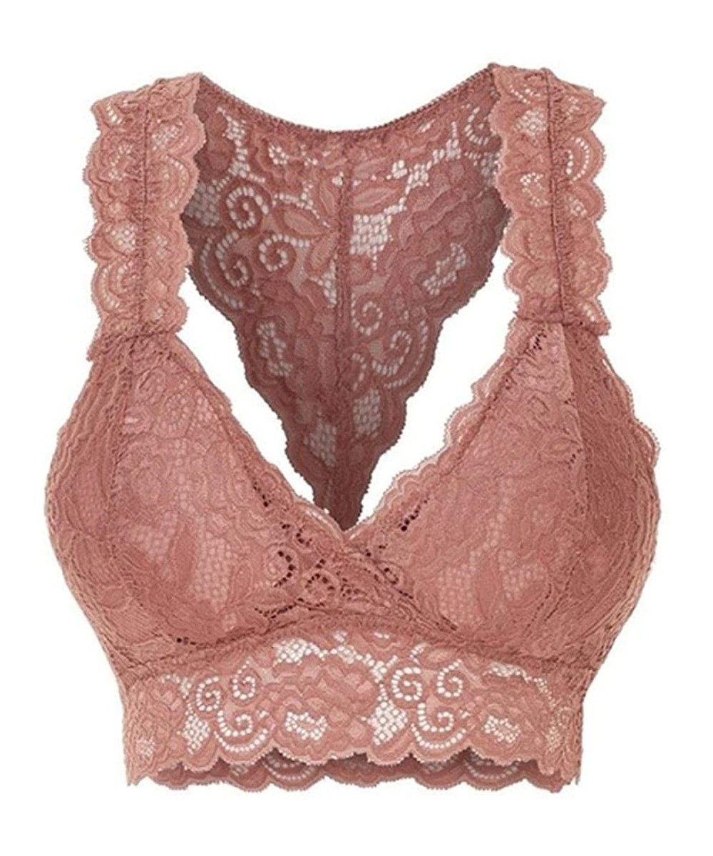 Bras Women Ladies Fashion Stretchy Floral Lace Hollow Out Bralette Bra Everyday Bras - Dark Pink - CC1987247A5