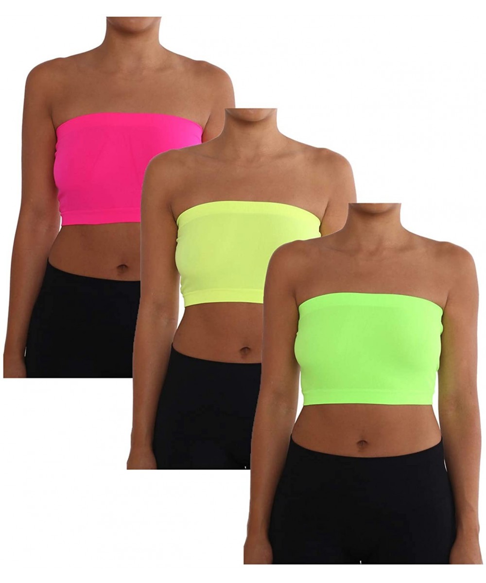 Bras Women's Combo Pack One Size Strapless Base Bra Layer Bandeau Seamless Tube Top Regular and Plus Sizes - Neon Pink-neon Y...