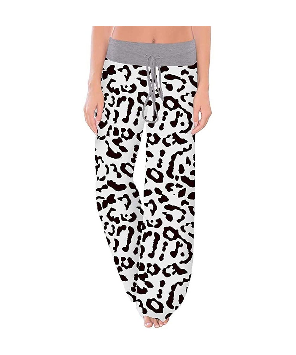 Bottoms Women Casual Lounge Pants Comfy Pajama High Waist Stretch Leopard Print Drawstring Palazzo Wide Leg - A-white - CL194...